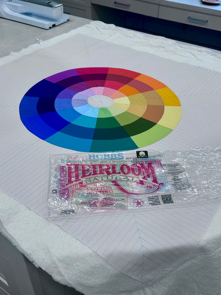 A vibrant color wheel design on fabric with a quilting machine in the background, alongside a package of Heirloom 100% cotton batting.
